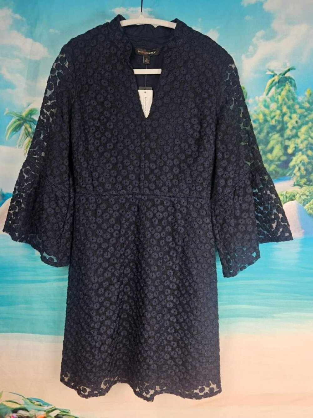 Banana Republic Navy Floral Lace Long Bell Flair Sleeve Dress Womens 0 Classic
